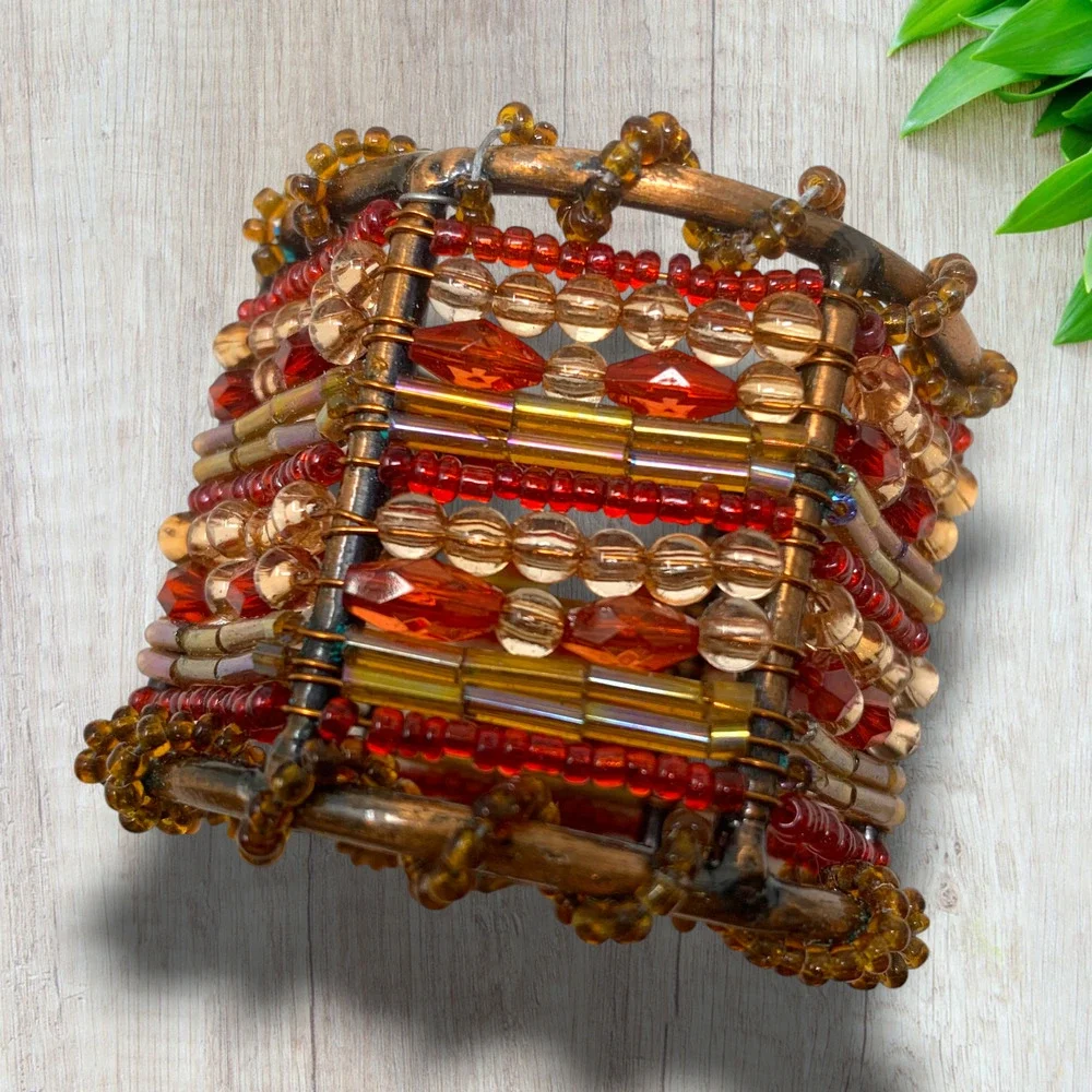 NEW Lot 4 x Pier 1 Moroccan Beaded Napkin Rings Copper Earth Tones Boho Boxed